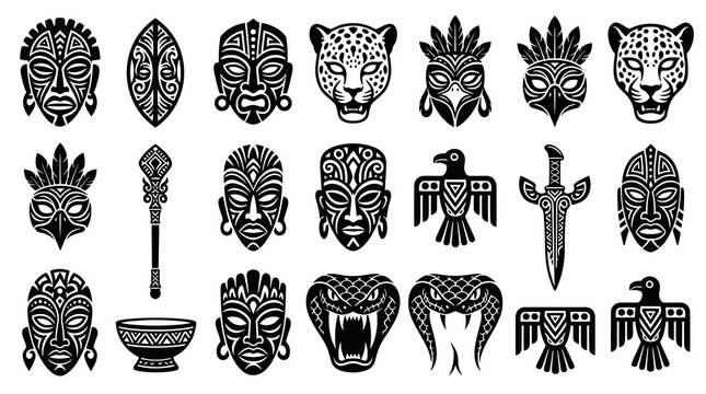 Black and White African Tribal Culture Glyph Set: Ethnic Masks, Animal Totems and Ritual Symbols Vector Icons