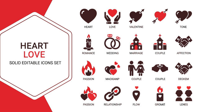 Comprehensive Collection of Love and Romance Solid Glyph Vector Icons for Valentine's Day, Weddings, and Relationship-Themed Designs