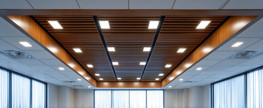 The modern ceiling features sleek recessed lighting panels and functional ventilation grills.