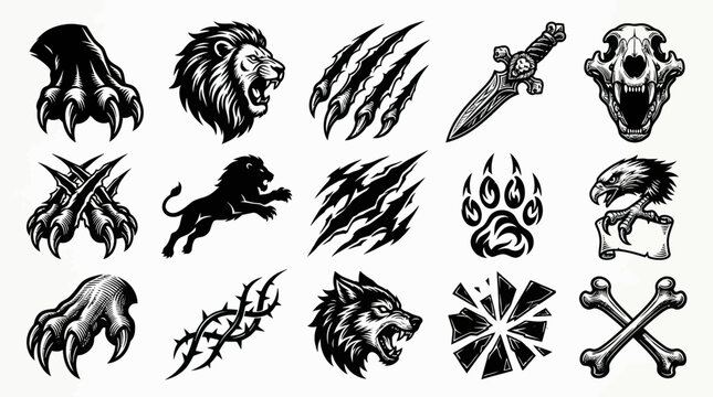 Aggressive Wildlife  Fantasy Engraving Style Vector Set: Claws, Lion, Wolf, Skull, Dagger, Scratches, Bones