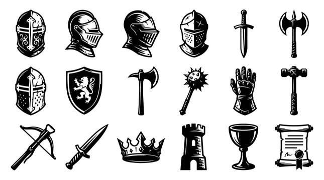 Medieval Fantasy Knight Equipment Weapons and Symbols Glyph Icons Set - Black  White Line Art Vector Collection