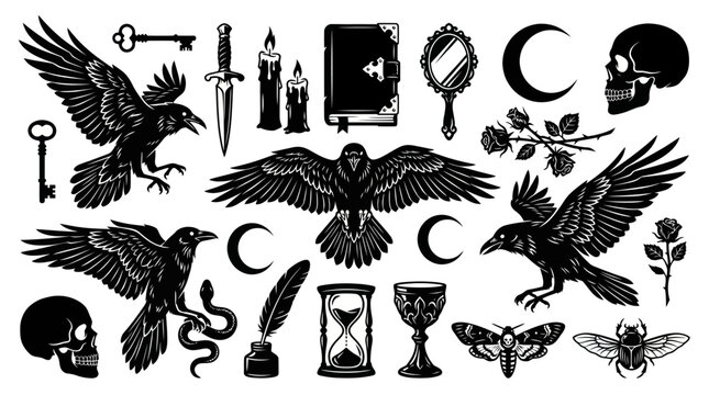 Mystical Occult Elements Black and White Vector Set with Ravens, Skulls, and Magic Symbols Illustration