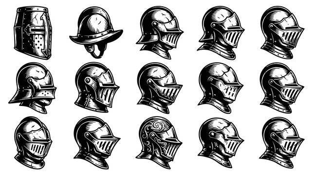 Medieval Knight Helmets Collection. Vintage Engraved Black  White Line Art for Historical  Fantasy Design