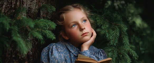 Fototapeta premium Child nestled under tall branches engrossed in her story.