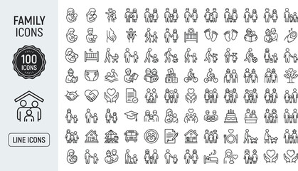 Family Icons Set 100 Minimalist Line Art Parenting Life Cycle Pregnancy Elderly People Children Home Symbols © fahim