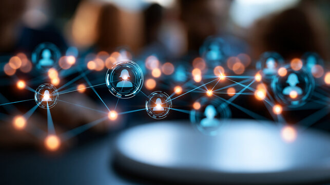 Floating hologram composition of glowing digital networking icons connecting workforce avatars and finance nodes above a clean bright platform digital age networking work
