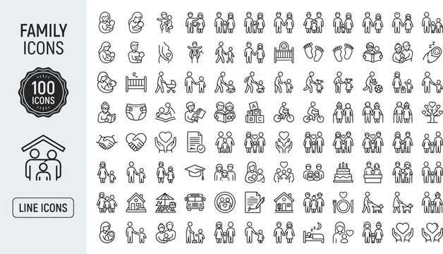 Family Icons Set 100 Minimalist Line Art Parenting Life Cycle Pregnancy Elderly People Children Home Symbols