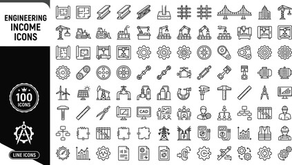 Fototapeta premium Engineering Industry Icon Set Construction Mechanical Technical Blueprint Line Art Symbols