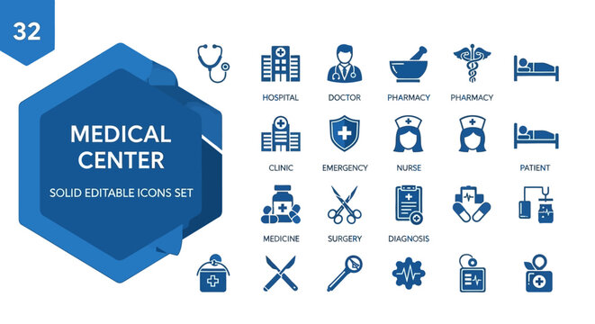 Medical Center Solid Editable Icons Set A Comprehensive Collection for Healthcare and Wellness