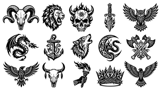 Set of Black and White Vector Tattoo Designs: Skulls, Animals, Weapons, and Symbols