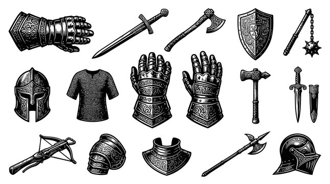 Medieval Knight Warfare  Fantasy Armor and Weapons Set - Engraved Black  White Line Art