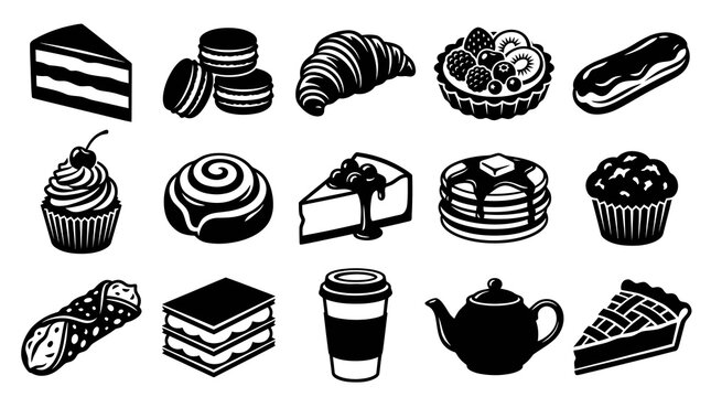 Black and White Illustration of Assorted Delicious Desserts and Pastries Vector Icons