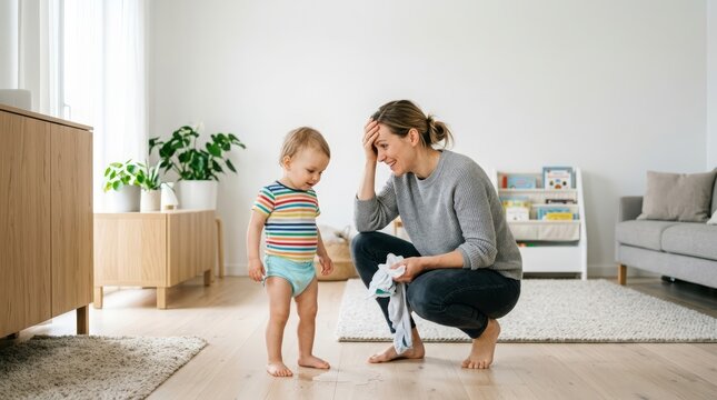 A relatable parenting lifestyle scene showing the unpredictable and humorous realities of raising small children at home
