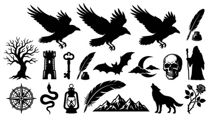 Naklejka premium Dark Fantasy Gothic Mystical Vector Silhouette Collection: Black White Halloween Magic Elements Set