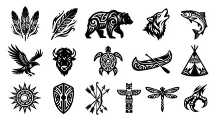 Obraz premium Native American Tribal Symbols Set. Indigenous Wildlife and Cultural Ornamental Glyph Vector Illustrations.