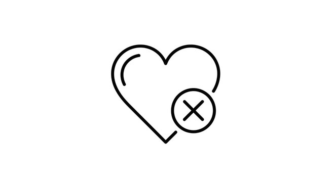 Heart with Cross Mark Icon, Love Delete Symbol, Relationship Breakup Concept
