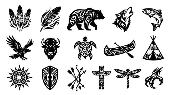 Native American Tribal Symbols Set. Indigenous Wildlife and Cultural Ornamental Glyph Vector Illustrations.