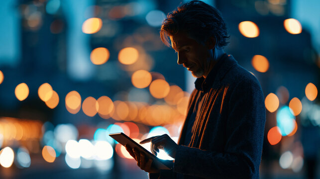 Cinematic side view silhouette of a figure standing in a bright softly defocused city street at night holding a digital tablet with urban lights softly defocused around business