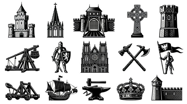 Medieval History Black  White Line Art Vector Icon Set: Castles, Knights, Weapons, Buildings, and Historical Symbols.