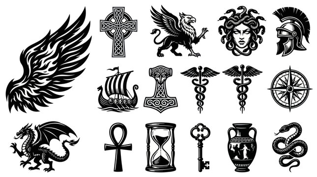 Black and white vector icons of mythical creatures and historical symbols