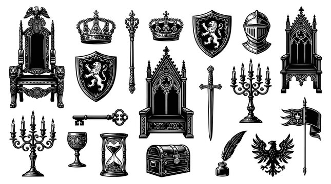 Medieval Royal Emblem Set: Crowns, Thrones, Swords, Shields, Vector Black  White Line Art
