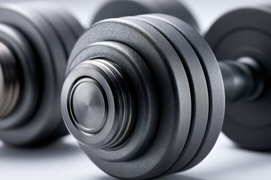 Close-up of a heavy-duty adjustable dumbbell with textured plates and a metallic grip, showcasing fitness equipment.