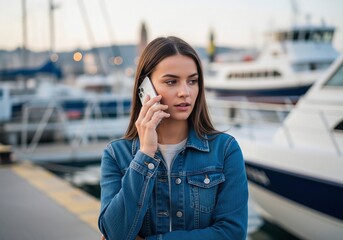 Fototapeta premium Young Woman Talking on Smartphone Near Harbor, Travel Lifestyle Concept