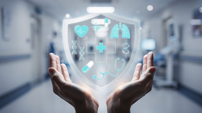 Two hands hold a transparent shield with various medical icons like lungs, heart, DNA, and stethoscope, symbolizing healthcare protection and medical innovation.
