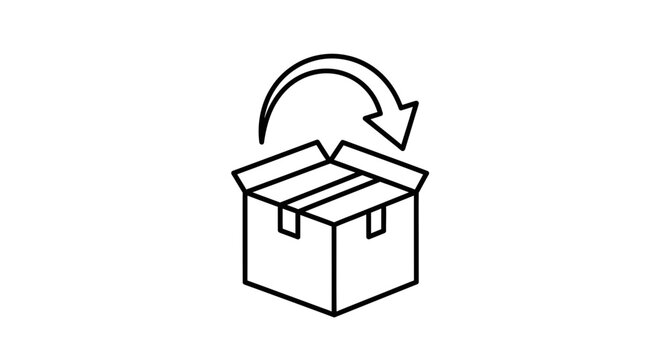 Open cardboard box with a curved arrow indicating return or delivery