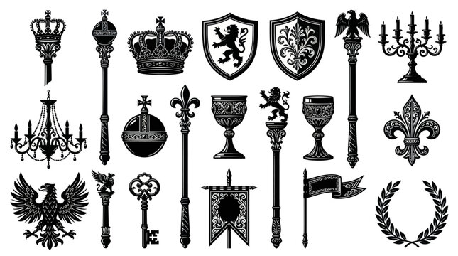 Vintage Engraving Royal Heraldry Symbols Set - Black  White Medieval Monarchy Vector Icons