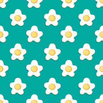 Seamless pattern with fried eggs on turquoise background for textiles, packaging, wallpaper and kitchen design