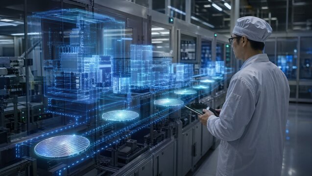 Medium shot of a pilot line in a hightech manufacturing plant featuring a virtual replica interface monitoring equipment status and wafer flow with interactive data visualization.