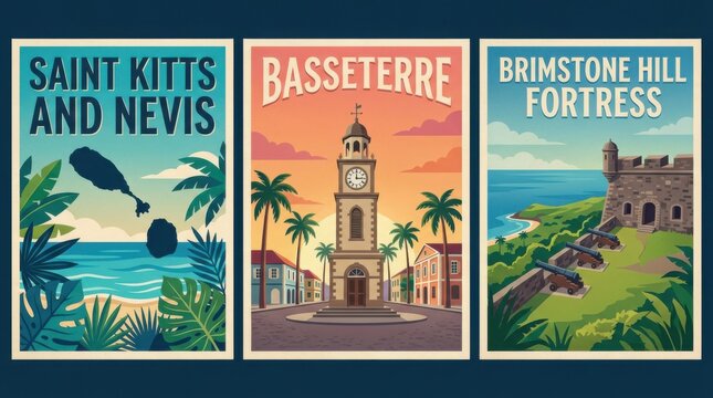 saint kitts and nevis travel poster set with three coordinated designs
