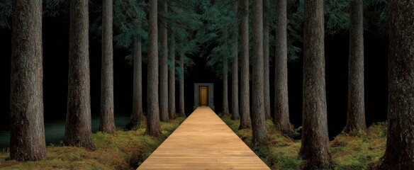 Fototapeta premium The solitary walkway welcomes quiet thoughts beneath giant trees and tall woods