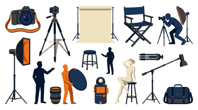 Photography Studio Equipment, Camera, Tripod, Light, Chair, Vector Flat Art
