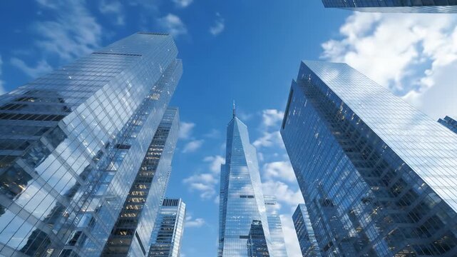 Low angle view of modern glass skyscrapers reaching towards the bright blue sky with clouds