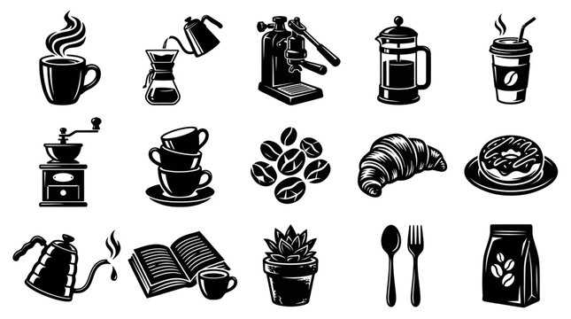 Black  White Coffee Shop Glyph Vector Icons Set with Cafe Tools, Drinks, and Pastries
