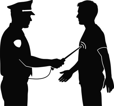 Silhouette of police officer using taser on a man isolated on white background