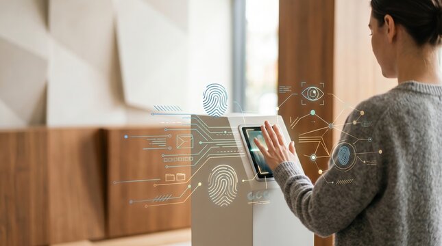 Business woman using digital security scanner biometric authentication concept modern technology interface with fingerprint hologram graphics cybersecurity system check secure