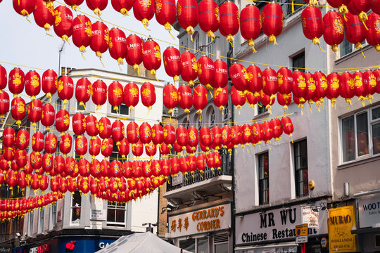 London Soho Chinatown Red Lanterns, Gerrard Street Chinese Restaurants, Wardour Street, England, UK - May 2026