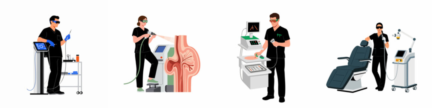 Professional Proctology Medical Staff Using Advanced Laser Equipment for Hemorrhoid Treatment and Rectal Procedures, Set of Four Vector Illustrations