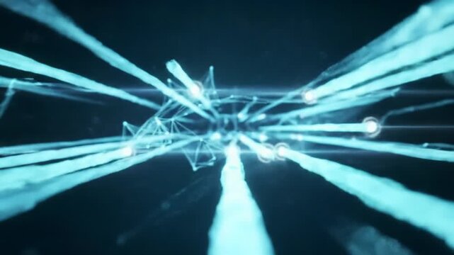 Ultra-wide video of bright, highly luminous abstract data streams weaving and interconnecting within a deep blue-cyan digital void, subtle pulsing glowing flares suggest intense information