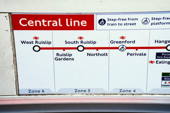 London Underground, Central Line, West Ruislip, Ruislip Gardens, South Ruislip, Northolt, Greenford, Perivale Subway Stations Diagram, Tube Map, UK