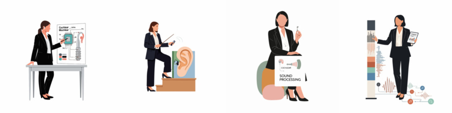 Illustrations of a professional woman presenting and explaining cochlear implant technology, sound processing, and hearing health concepts.