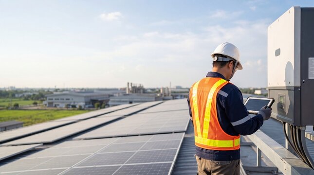 Male technician inspecting industrial solar panels on rooftop using tablet to control inverter system checking renewable energy production for factory maintenance