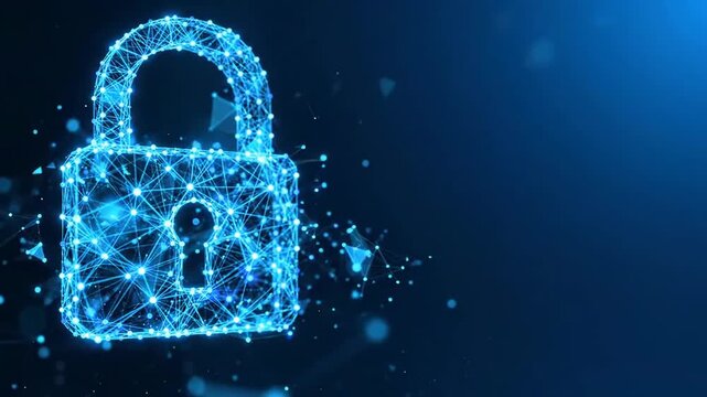 Digital padlock constructed from glowing blue light nodes representing cyber security and data protection network concepts