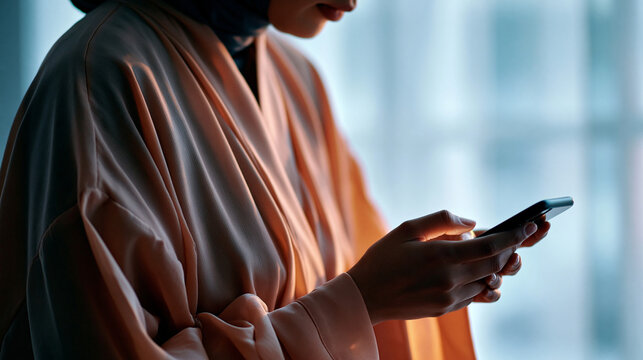 Cinematic close up side view silhouette of a figure in soft traditional flowing robes holding a smartphone with a glowing app on the screen against a clean softly defocused light