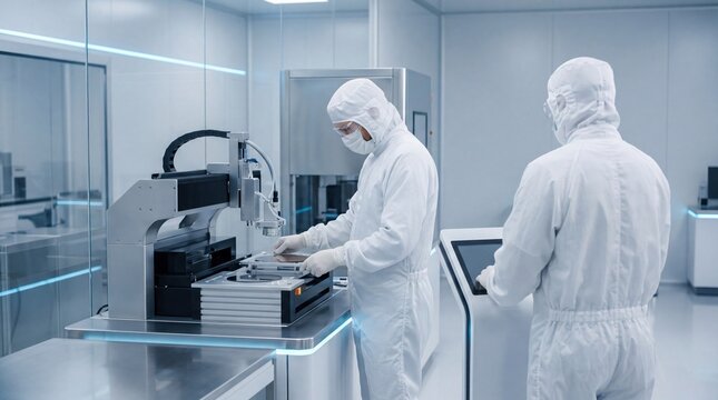 Workers in protective suits operating advanced machinery inside a modern cleanroom facility high tech manufacturing process laboratory research equipment semiconductor fabrication