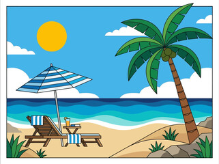 Obraz premium Tropical Beach Vacation Vector Illustration with Palm Tree, Sun Lounger, and Umbrella under a Bright Sun