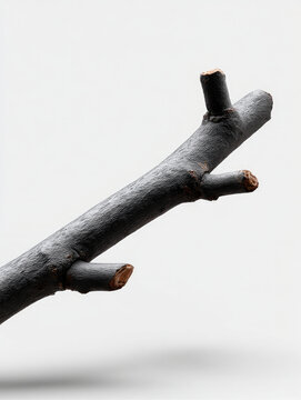 Black tree branch isolated on white background, minimal style, natural wood texture, simple composition, clean and modern aesthetic